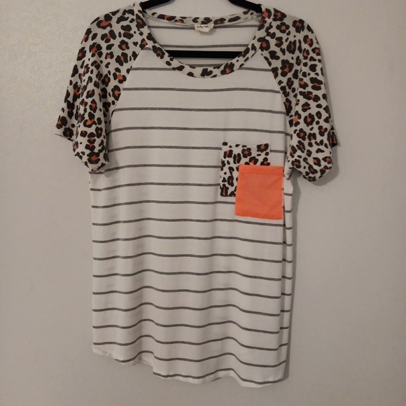 Lovely Melody Tops - Lovely Melody T-Shirt  Women's Sz. XL‎  Neon Pink/Leopard Print/Black Stripes